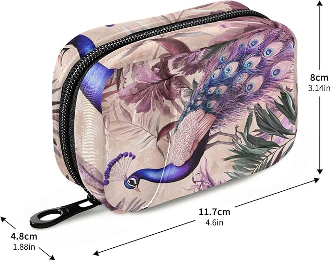 Pink Peacock Tropical Leaf Travel Pill Organizer Case Box Container Weekly Portable Vitamin Medicine Holder Storage Bag with Zipper Removable