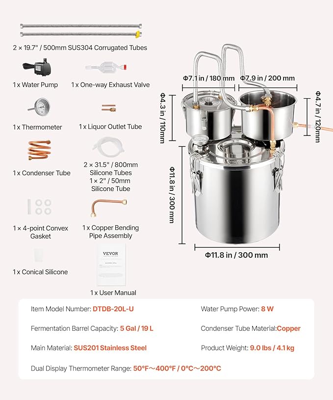 VEVOR Alcohol Still, 5Gal / 19L Alcohol Distiller with Thumper Keg, Distillery Kit for Alcohol with Copper Tube, Build-in Thermometer & Water Pump for Wine Whisky Brandy