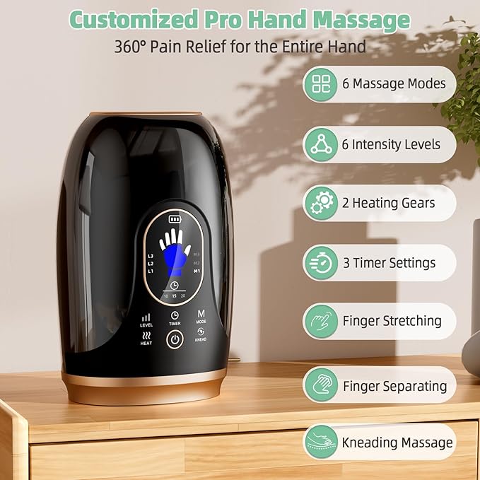 Hand Massager with Heat and Compression, Hand Massage for Arthritis and Carpal Tunnel Relief, 6 Levels Pressure Therapy with Wrist Massage Finger Stretching Palm Kneading, Gifts for Women Men