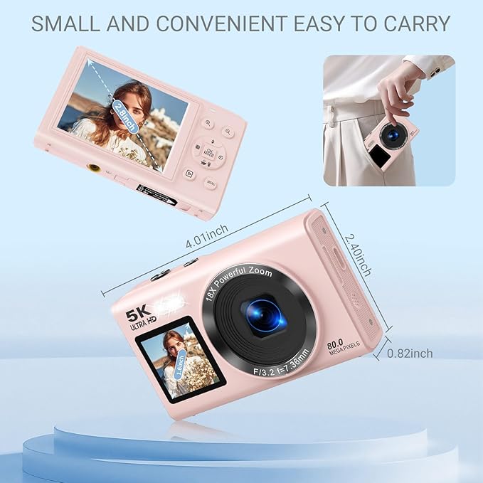 Dual Screen 5K Digital Camera for Vlogging with Fill Light - 80MP, 16X Zoom, WiFi, YouTube/Blogging, Includes 32GB Card & 2 Batteries (X9-Black)