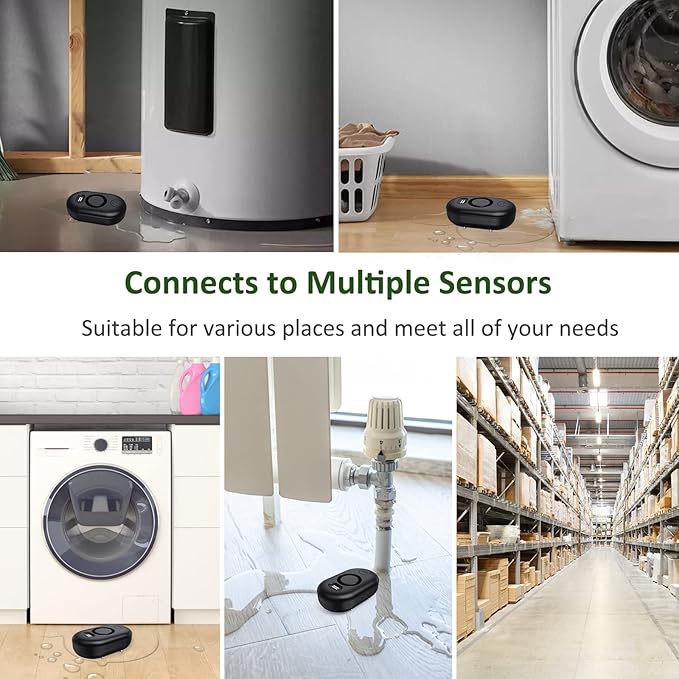 Water Leak Detector Sensor Alarm: Home Water Flooding Monitor Smart Sink Overflow Monitoring Adjustable Wet Moisture Alert Pipe Leakage Drip Detection Warning for Basement Floor (2 Sensor)