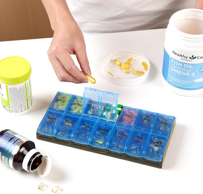 XL Large Weekly Pill Organizer 2 Times a Day, Extra Big 7 Day Pill Box Am Pm, Daily Pill Case Medicine Organizer with 14 Compartments, Day Night Pill Container for Fish Oils, Vitamin, Supplement