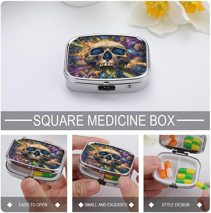Metal Pill Organizer – 2-Compartment Pocket Pill Box for Vitamins, Supplements, Medications – Compact Travel Case (Explosion Skull Pop Art)