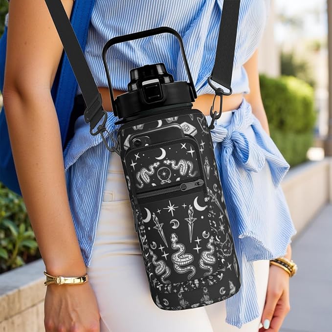Goth Moon Half Gallon Water Bottle with Sleeve 64 OZ - Flip Top Bpa Free - Motivational Time Marker Leakproof Water Jug - Unique Witchy Goth Gifts - Halloween Spooky for Gifts
