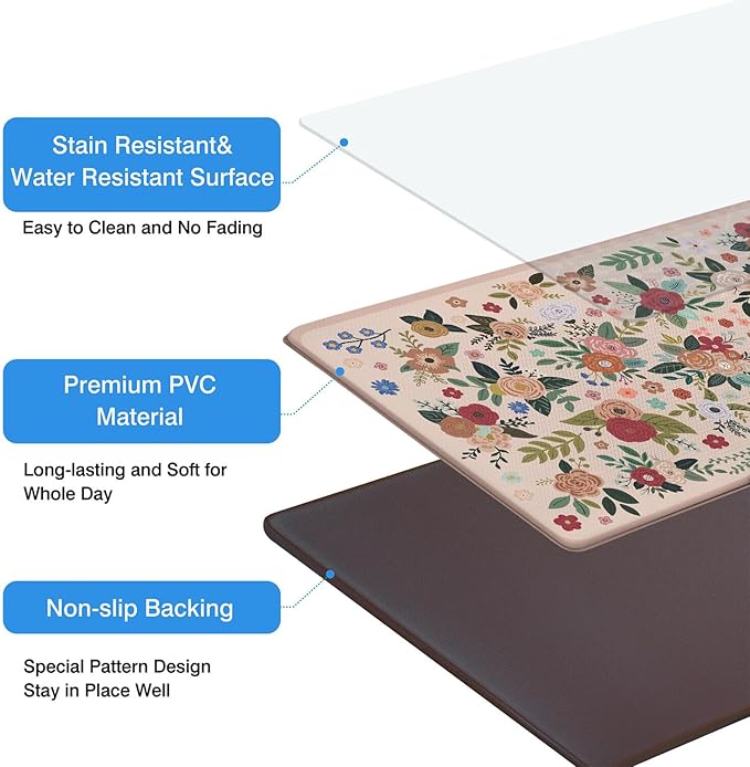 Anti Fatigue Boho Kitchen Rugs Set of 2, Floral Kitchen Mats for Floor, Farmhouse Kitchen Decor, Anti-Slip and Anti-Fatigue Foam Standing Mat,17x30 inch Sink Mat+17x48 inch Runner Rug Pink