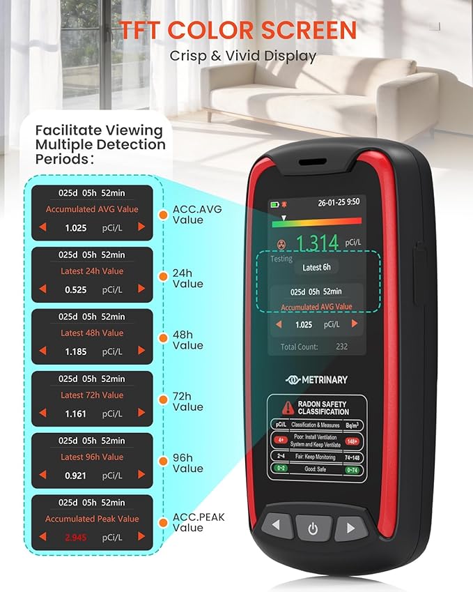 Radon Detector for Home, Portable Radon Monitor with TFT Color Display, Rechargeable Radon Tester Quick Result 6 Hour, 504 Days Data Storage with Audible & Visual Alarm (pCi/L or Bq/m³)