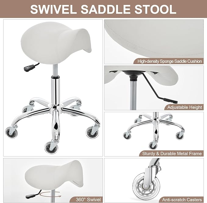Saddle Stool, Ergonomic Saddle Chair with Wheels 450 LBS, Adjustable Height Swivel Salon Stool, Rolling Stool for Home Office Tattoo Massage Clinic Lab Beauty (White)