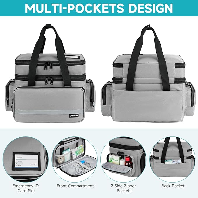 Large Pill Bottle Organizer, Double Layers Medicine Storage Bag with Lockable Zippers and Shoulder Strap,Medication Travel Bag for Prescription Bottles, Vitamins & Medical Supplies, Gray (Bag Only)