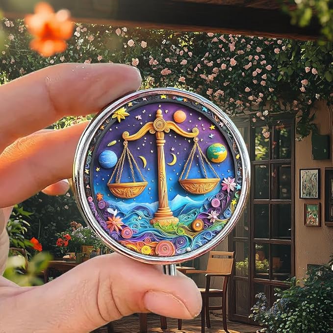 Portable Round 3 Compartment Metal Pill Box Fair Libra Zodiac Print Decor for Kitchen Office Coffee Breaks Health Tracking