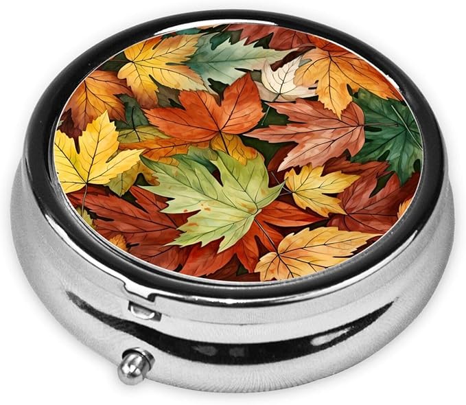 Colorful Fall Maple Leaves Pill Box 3 Compartment Pill Case, Portable Medicine Pill Organizer for Pocket Purse Pill Box Decorative Metal Medicine Vitamin Organizer