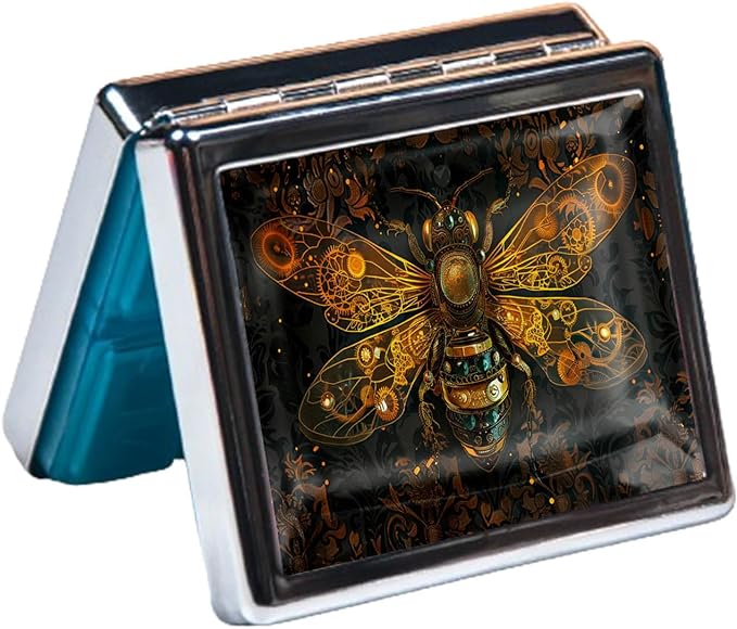 7 Days Chromed Shiny Silver Pill Organizer with Mirror Inside Has 8 Separate Compartments Rectangle Cute Travel Pill Organizer for Purse 7 Days (Bees)