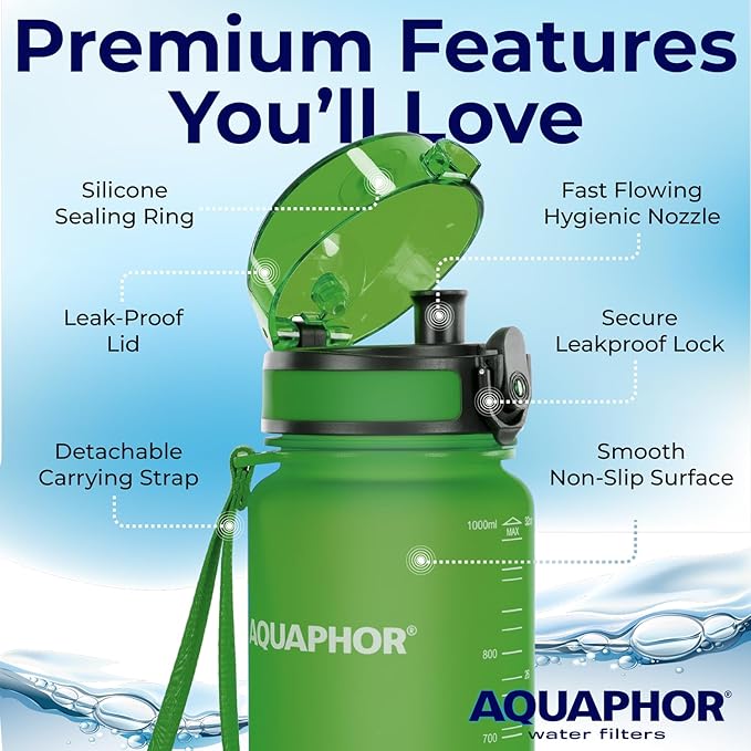 Nakii Filtered Water Bottle, Leakproof, BPA-Free, Motivational Markings, Travel, Everyday Use. 40-Gallon Filter, Replaces 300 Plastic Water Bottles. Includes 1 Filter, 22 FL Oz, Green by Aquaphor