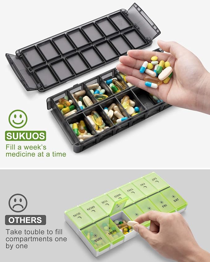 Sukuos Weekly Pill Organizer 7 Day 2 Times a Day, Quick Fill Daily Pill Box (AM PM), Extra Large Pill Cases for Vitamin/Fish Oil/Supplements, Arthritis Friendly, Easy to Clean