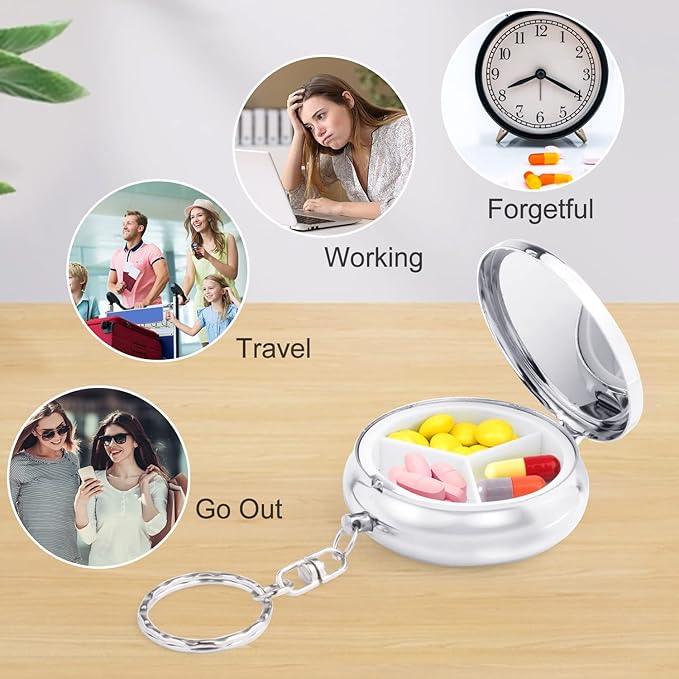 6 Pack Metal Pill Case Round Medicine Holder Container Keychain Mini Drug Tablet Organizer Box with 3 Compartments for Pocket Purse Travel Outdoor Daily
