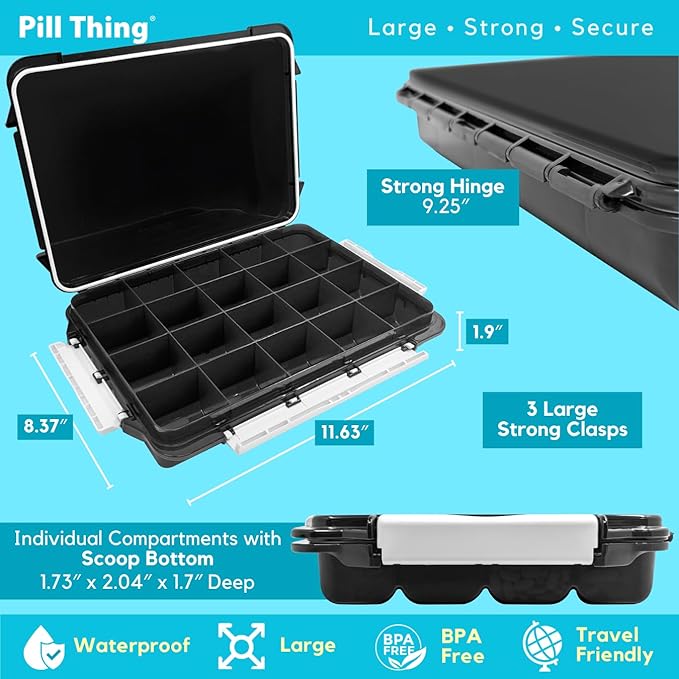 20 Compartment Large Pill Case with Airtight Seal - Silicone Gasket Waterproof Med Box with Medication Map, Medical Alert Card (Black, 1 Pack)
