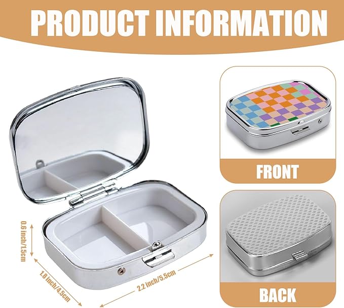 Pill Box-2 Compartment Small Pill Case Square Organizer Case with Mirror Portable Metal Medicine Box Travel Container for Pocket & Purse Women Men(Colorful Checkerd)