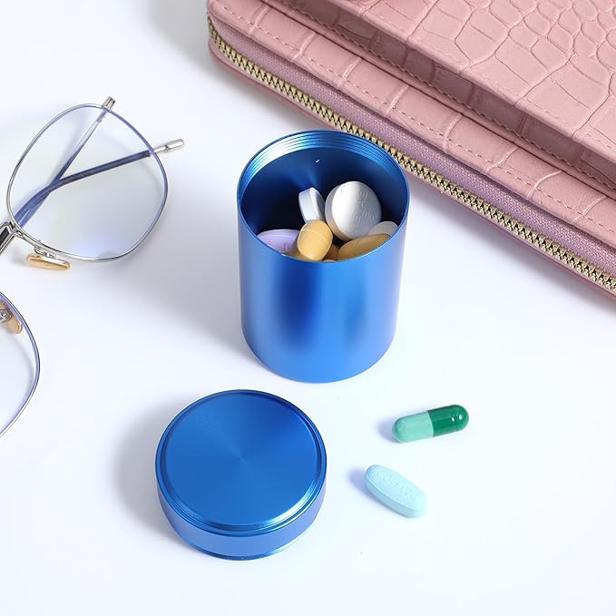 Small Pill Case Metal Portable Aluminium Alloy Round Pill Box Container Waterproof Pocket Medicine Box Holder Organizer Travel Camping Daily Outdoor Supplements Bottle for Vitamin Fish Oils