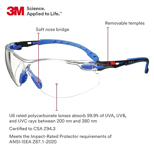 3M Safety Glasses for Men and Women, Solus 1000 Series, ANSI Z87, Scotchgard Anti-Fog, Clear Lens, Low Profile, Blue/Black Frame