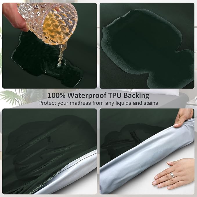Full Mattress Protector Waterproof, Fitted Sheet Style Breathable Mattress Cover with Deep Pocket Fits Up to 18'', Noiseless Bed Cover for Kids Adults Pets, Machine Washable (Green, 54'' X 76'')