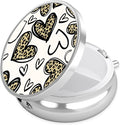 Leopard Love Heart Pill Case, Pill Box 3 Compartments Metal Small Pill Holder with Mirror Mini Travel Pill Container for Purse Pocket Women Men
