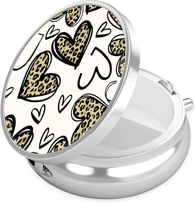 Leopard Love Heart Pill Case, Pill Box 3 Compartments Metal Small Pill Holder with Mirror Mini Travel Pill Container for Purse Pocket Women Men