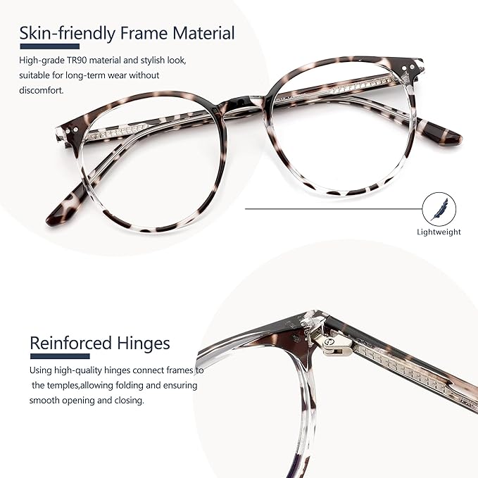 Blue Light Blocking Glasses for Women and Men, Round Frame Computer Gaming Anti Eyestrain & UV Glare RF6213 (Leopard)