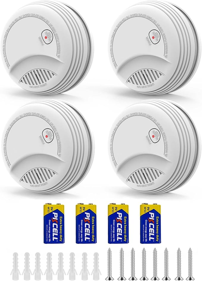 4 Pack Photoelectric Smoke Detector with 9V Battery Included Smoke Alarm, 10-Year Sensor, Test/Silence Button, Low Battery Warning, Easy Mount, Fire Alarm for Home Bedroom Living Room