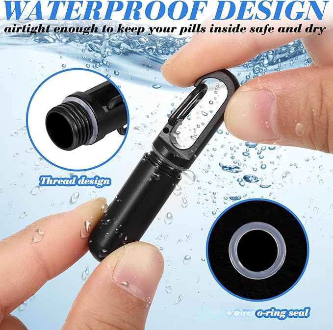 Vesici 2 Pcs Keychain Pill Case Pocket Metal Pill Holder for Men Women Mini Waterproof Travel Capsules Case Small Bottle Container for Outdoor Travel Pocket Purse, Black and Sliver, 7.8 Grams