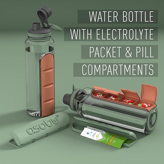 asobu Electrolyte Large Sports Water Bottle with Interchangeable Packet and Pill Storage Compartments Durable Tritan 40oz (Basil Green)