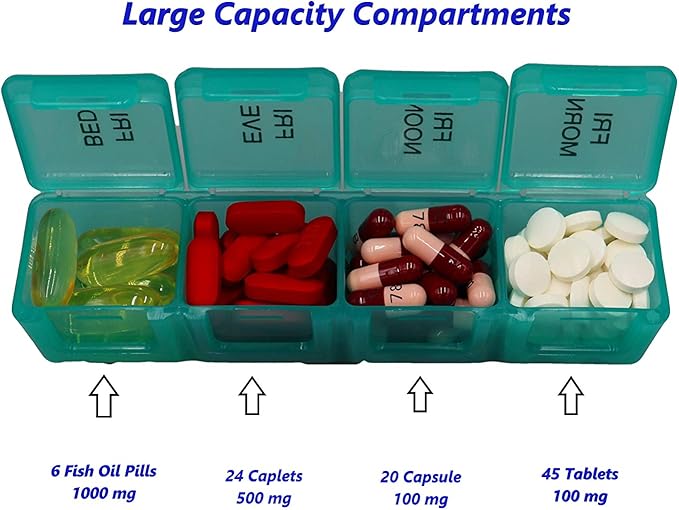 Pill Organizer Weekly AM/PM Pill Box -Moisture Proof Medicine Organizer 7 Day Portable Travel Medication Container 4 Times a Day with Large Compartments for Vitamins Supplements