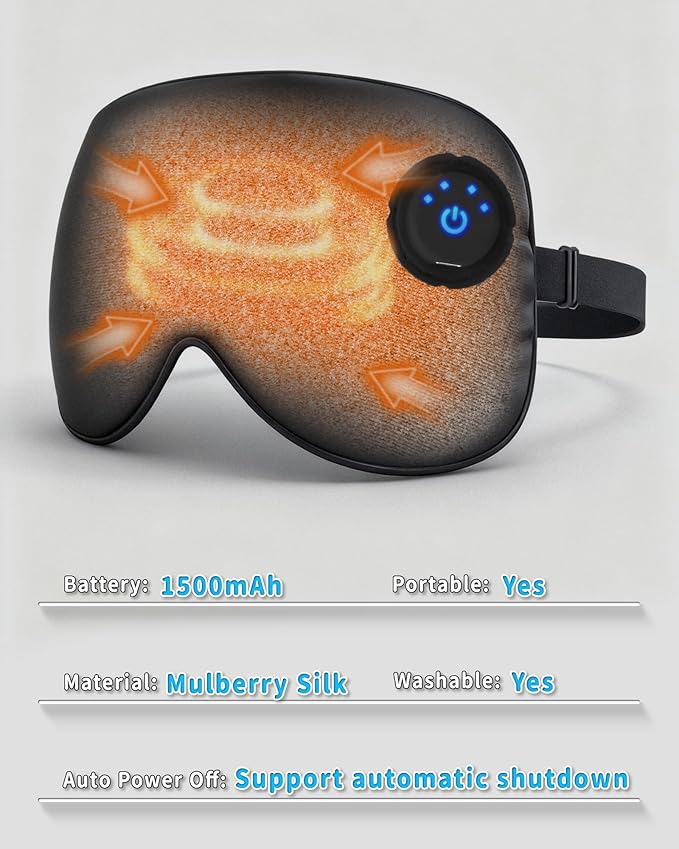 Heated Eye Mask FSA- HSA Eligible Cordless Pure Mulberry Silk Eye Mask for Dry Eyes Relief with 3 Adjustable Heat Settings,1500mAh Rechargeable & Washable Eye Cover for Travel Sleep Therapy