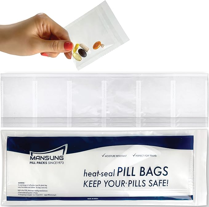 Mansung M 600 Bags/Blank, Heat Seal Pill Bag pouche Pack Sealed for Medicine Funnel Tray Loading AM PM Organizer Dispenser kit Daily Sealing Filler Vitamin sorter envelopes Machine Blister Packs