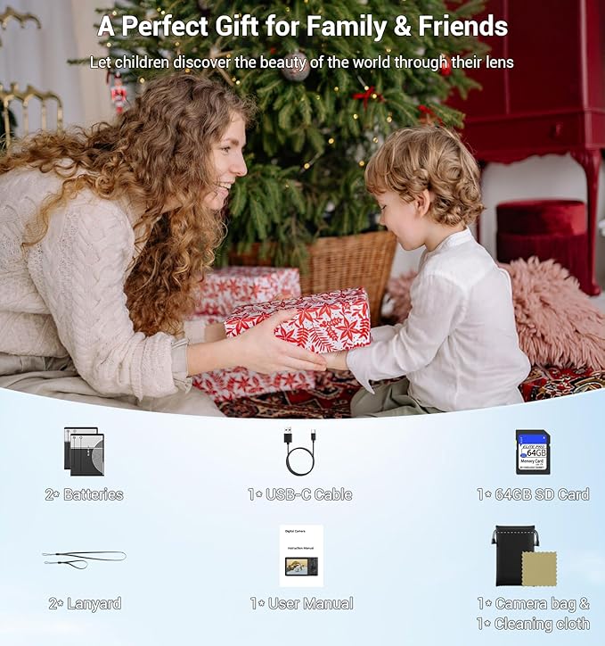 Digital Camera,Upgraded FHD 4K Digital Camera for Teens Girls Boys,Compact Digital Cameras with 64GB Memory Card,2 Batteries,Small Camera with 16X Autofocus Digital Zoom for Vlogging,Cream