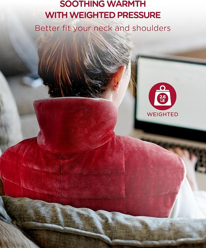 Heating Pad for Neck and Shoulders and Back, Comfytemp Weighted Electric Heat Pad for Warmth, 2.6lb Large Heated Wrap, 9 Heat Settings, 11 Auto-Off, Women Men Birthday Gifts Red
