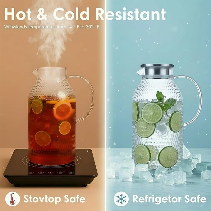 Glass Pitcher with Lid,3 Liter 101oz Glass Water Pitcher, Iced Tea Pitcher, Cold/Hot water jug,Large Jug for Coffee, Juice and Homemade Beverage（Free anti-scratch pad）