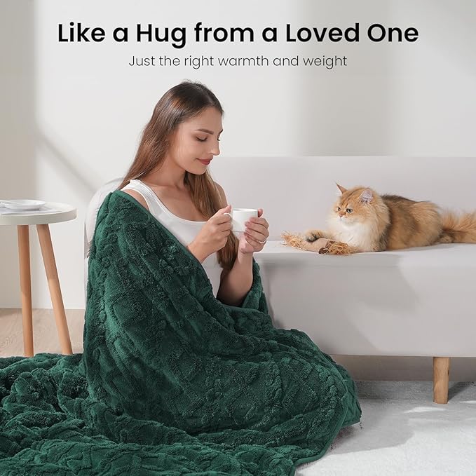 Drewin Weighted Blanket for Adults Queen Size 15 lbs, Soft Fuzzy Jacquard Sherpa Weighted Blankets for Sleeping, Cozy Sofa Bed Blanket for Winter, Dark Green, 60 x 80 inches