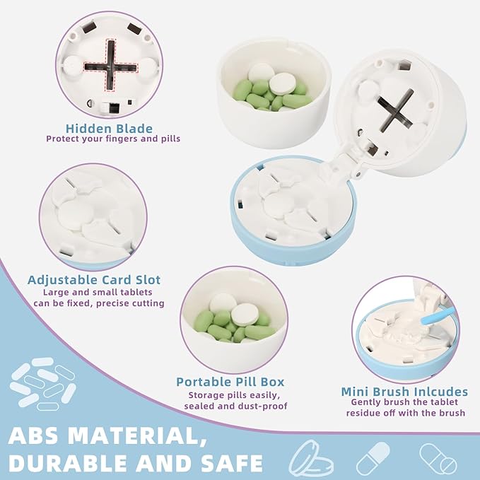 Pill Cutter Splitter for Small or Large Pills, Profesional Pill Cutter 1/4 & 1/2 Divider, Includes Storage Compartment, Accurate and Easy Cutting for Tablets, Vitamins (Blue)