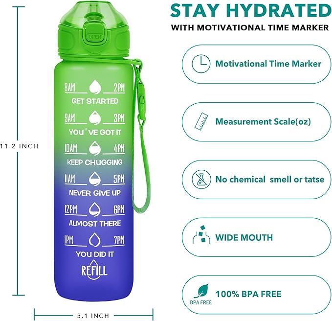 Enerbone 32 oz Water Bottle with Times to Drink and Straw, Motivational Drinking Water Bottles with Carrying Strap, Leakproof BPA & Toxic Free, Ensure You Drink Enough Water for Fitness Gym Outdoor