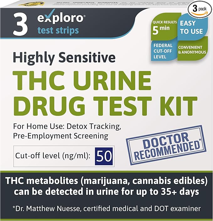 Exploro Marijuana Drug Test Kit (3 Pack) – THC Tests for Home – THC Drug Test for Marijuana Urine with 50 ng/ml Cutoff Level
