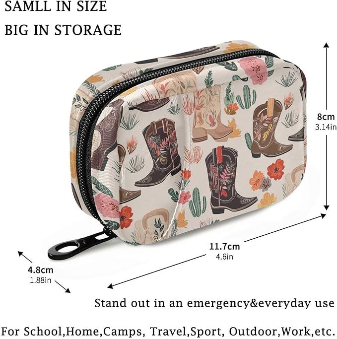 Fustylead Beautiful Retro Cowgirl Boots Pill Organizer for Purse, Weekly Portable Pill Box with Zipper to Storage Vitamins Fish Oils Medications Supplements