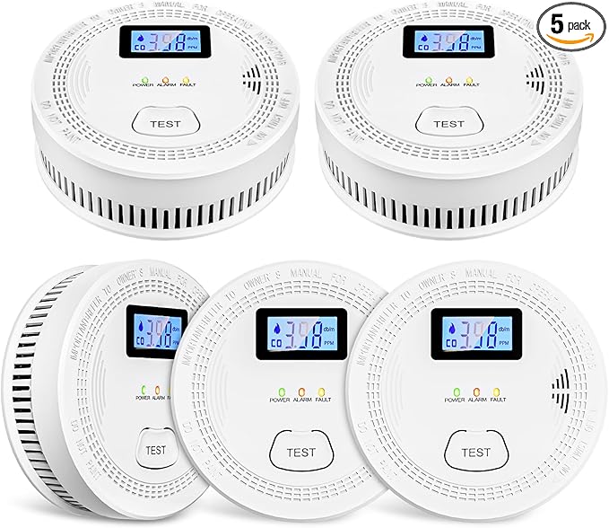 5 Packs, Smoke Combination CO Alarm,2-in-1 Detection, CO Detector,Smoke Detector,Battery Powered CO Alarm with LEDs,Digital Display,Test Button,Low Battery Warning,85db Alarm,Flexible Installation