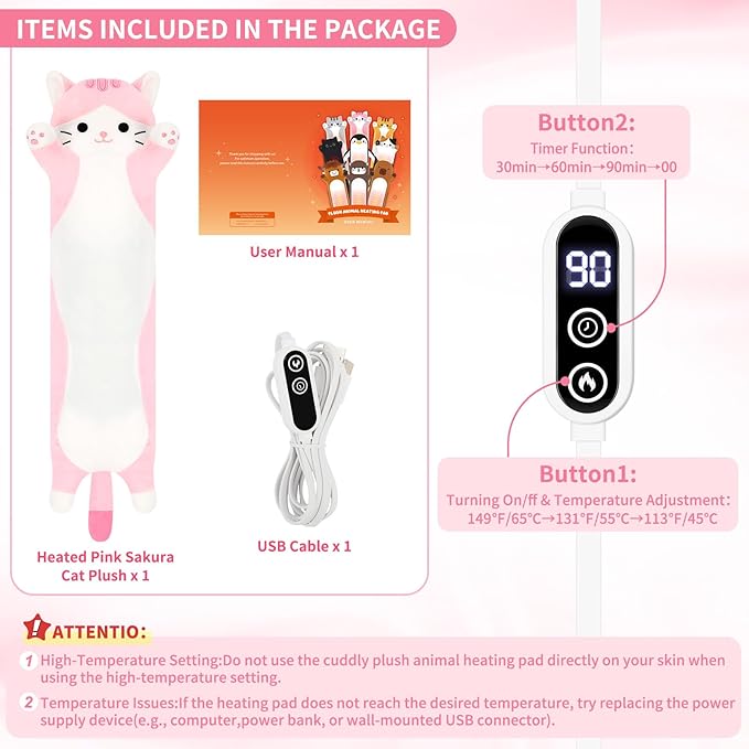 Sakura Cat Heating Pad-USB Heated Plush Stuffed Animals for Period Cramps and Menstrual Pain Relief,22” Portable Electric Kitten Heating Pads,Built-Pocket Plush Girls Birthday Gifts,Pink