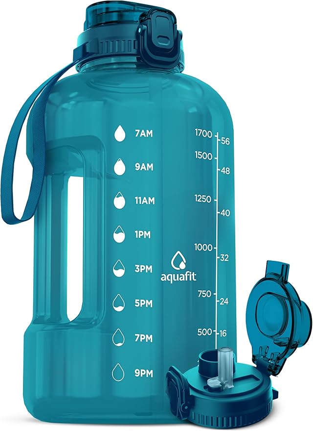 AQUAFIT Half Gallon Water Bottle with Time Marker - Straw & Chug Lid - BPA Free Gym Water Bottle with Straw - Big Gallon Jug (Aqua, 64 oz - 2in1 Lid)