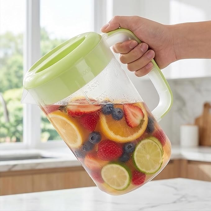Jucoan 2 Pack 1 Gallon Plastic Pitcher with Lid, Clear Ice Tea Pitcher for Fridge, Large Water Carafe Jug Beverage Pitcher with 3 Position Pour Spout Lid, Handle,Scale for Home, Party