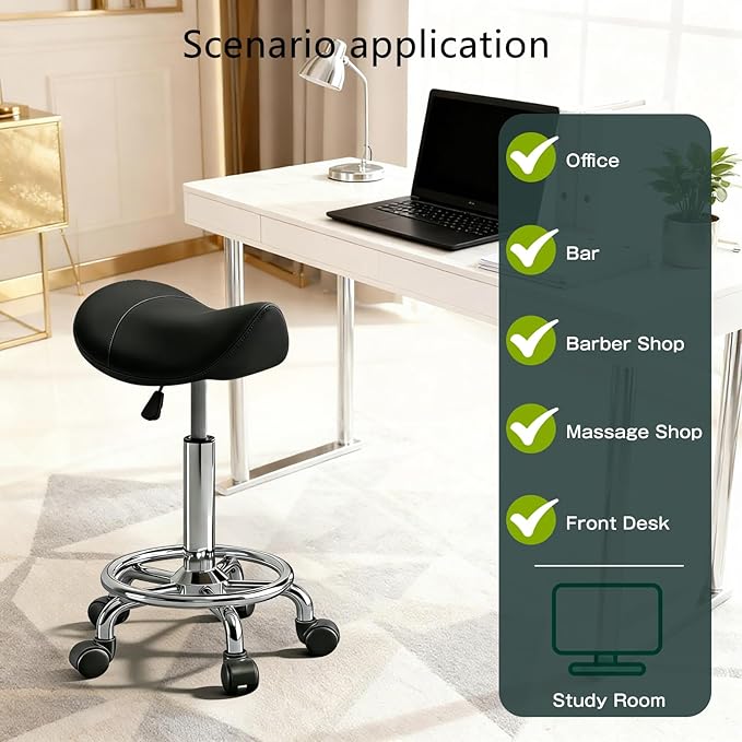 Saddle Stool with Wheels, Adjustable Rolling Stool Chair with Back Support, Ergonomic PU Leather Saddle Chair for Salon, Massage, Tattoo, Medical, Spa, Office (Black, 1PCS)