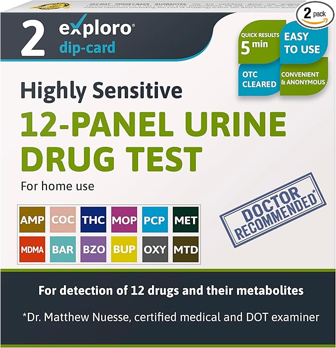 Exploro 12 Panel Urine Drug Test, Drug Test Kit for Multidrug Screen, Accurate 12 Panel Drug Test Urine for 12 Types of Drugs, Easy at Home Drug Tests, DOT Compliant, Peace of mind results (Pack of 2)
