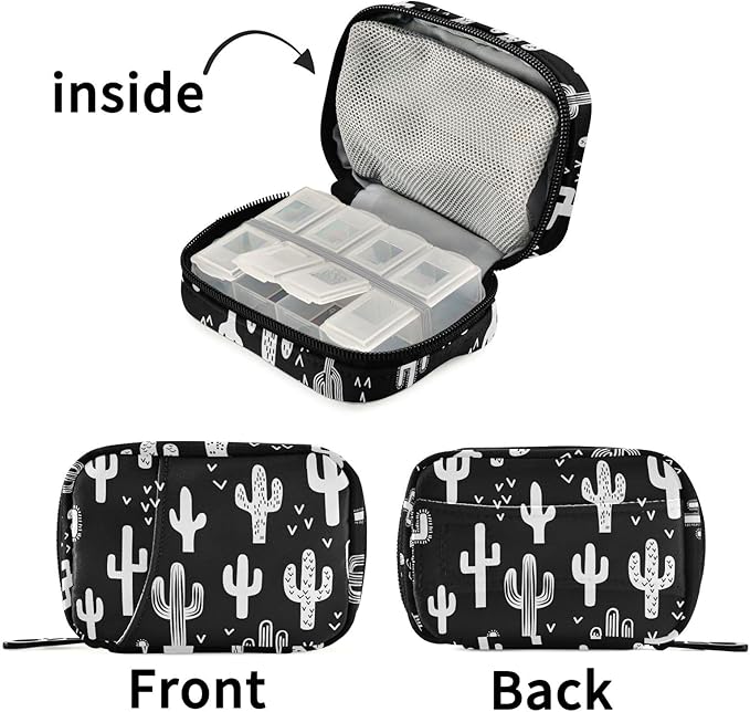 Fustylead Black and White Fun Western Cactus Travel Pill Organizer Bag with Zipper Small Pill Box 7 Day Pill Case for Purse Storage Weekly Vitamin Medicine Supplement
