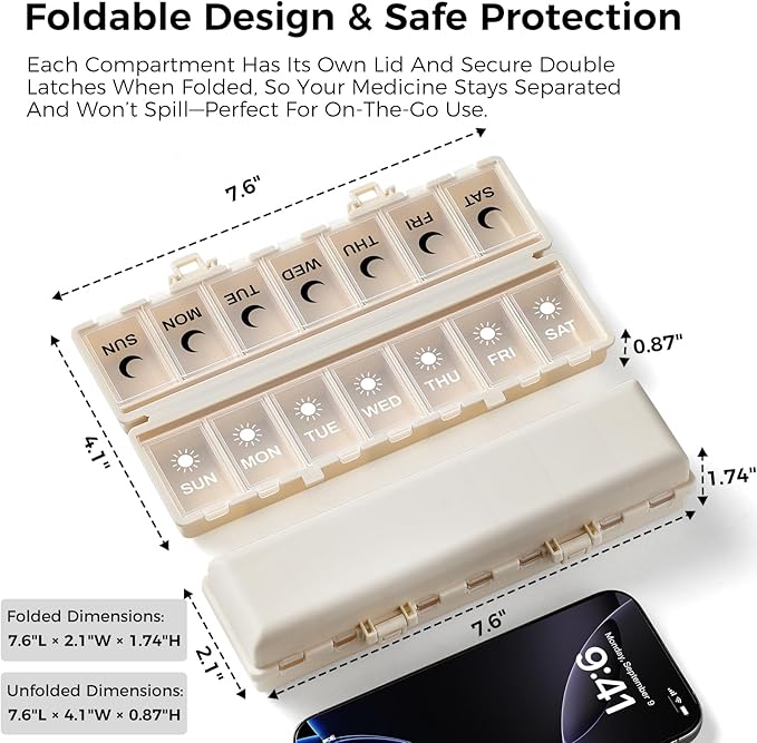 Foldable Pill Organizer Weekly 2 Times a Day, 7 Day Portable AM PM Travel Pill Case with Black&White Labels, Dual-Protection Daily Medicine Box, Large Pill Container for Vitamin/Supplement-Khaki