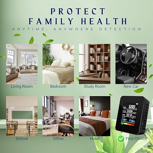 CO2 Detector Air Quality Monitor Indoor,5-in-1 Formaldehyde/CO2/TVOC/Temperature (°F/°C)/Humidity Monitor,Portable Carbon Dioxide Detector for Home,Office,Indoor Air Quality Safety Monitoring (Black)