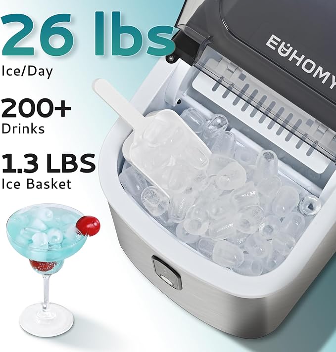 EUHOMY Ice Maker Countertop, Portable Ice Machine with Carry Handle, 26.5lbs Per Day, 9 Cubes in 6 Mins, Auto-Cleaning, with Basket and Scoop, for Home, Kitchen, Camping, RV
